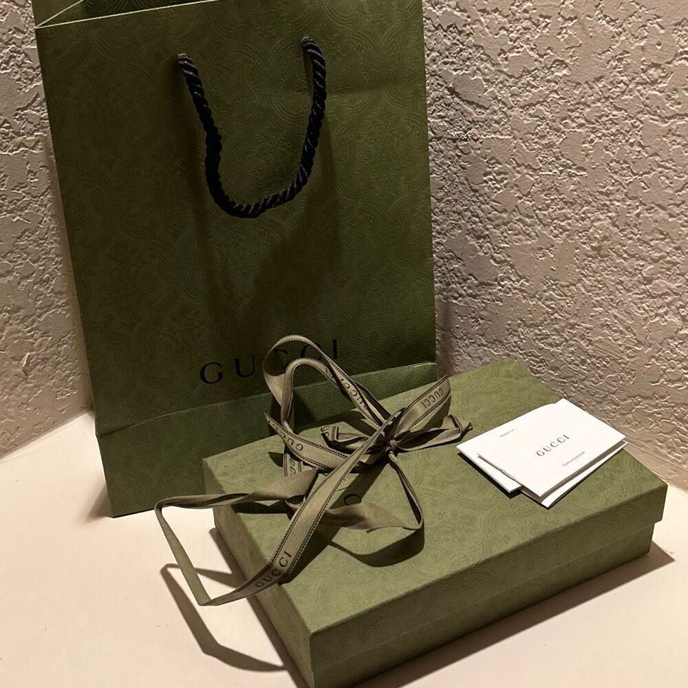 Gucci Shopping Bag Box & Ribbon Olive Green Gift Set Wrapping Small Size